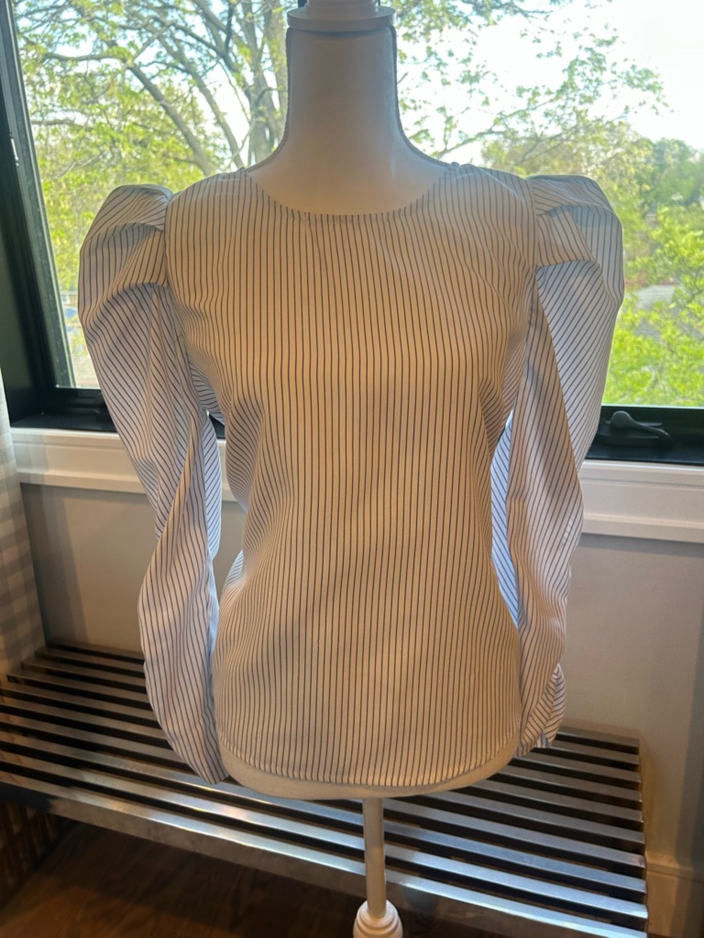 Aiden White Blouse with Navy Pinstripes and Puff Shoulders